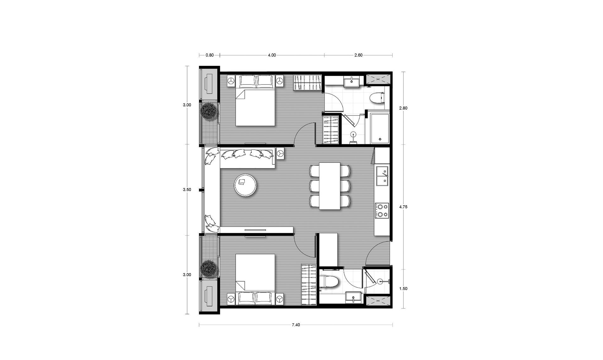 Планировка кондомониума 2 спальни в ЖК Noble Form Thonglor № 11014